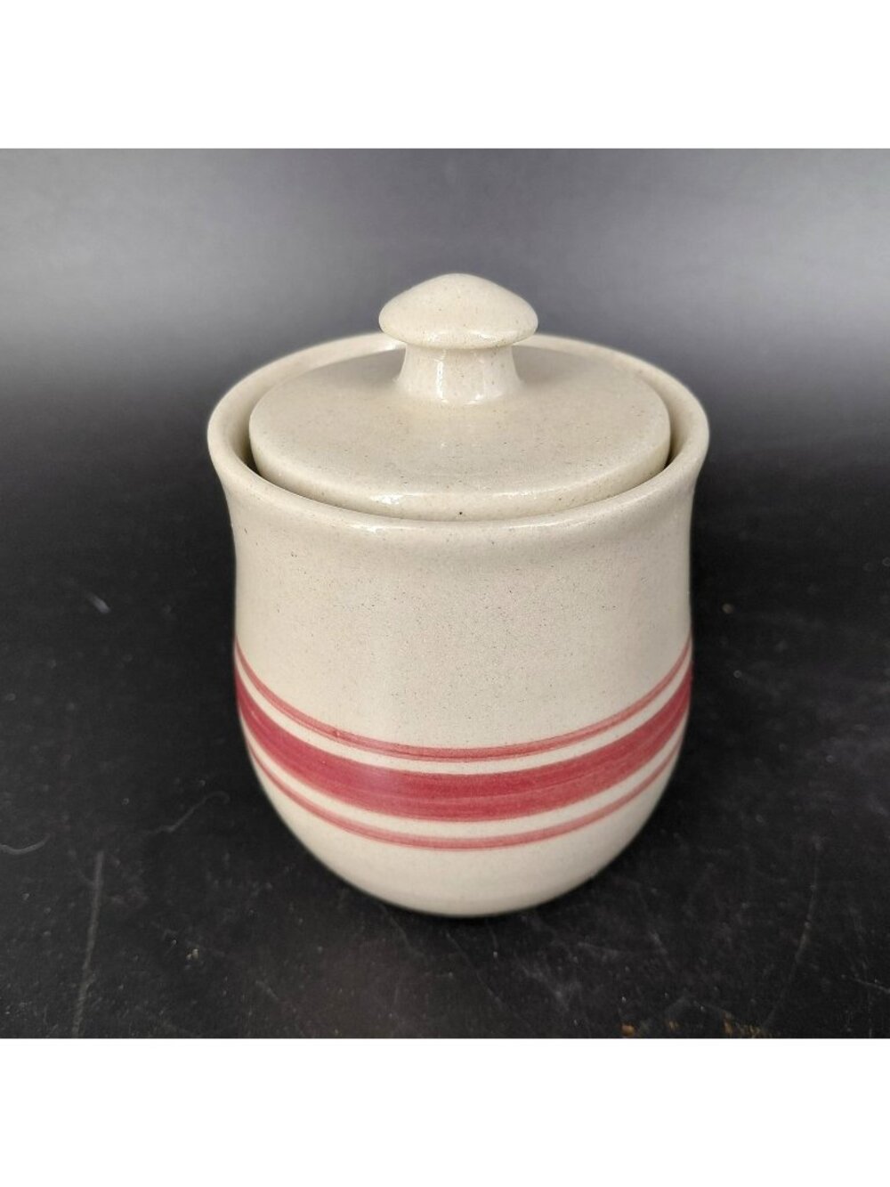 Yesteryears Stoneware Sugar Bowl Lid Beige Red Stripe Hand Turned Country USA